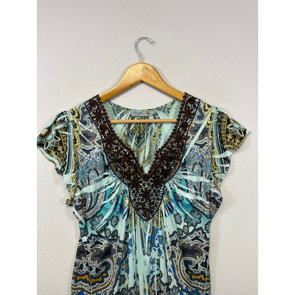 Boho Unity World Wear Women Large Blue Brown Paisley Crochet Beaded V-Neck Top - Picture 7 of 8